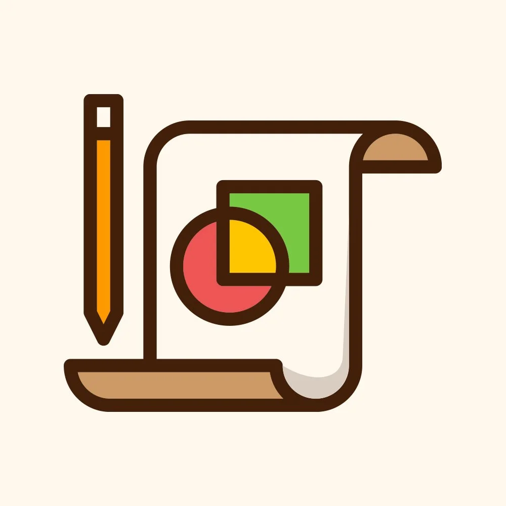 Illustration of a rolled-up report with a pie chart and bar chart, alongside a pencil.