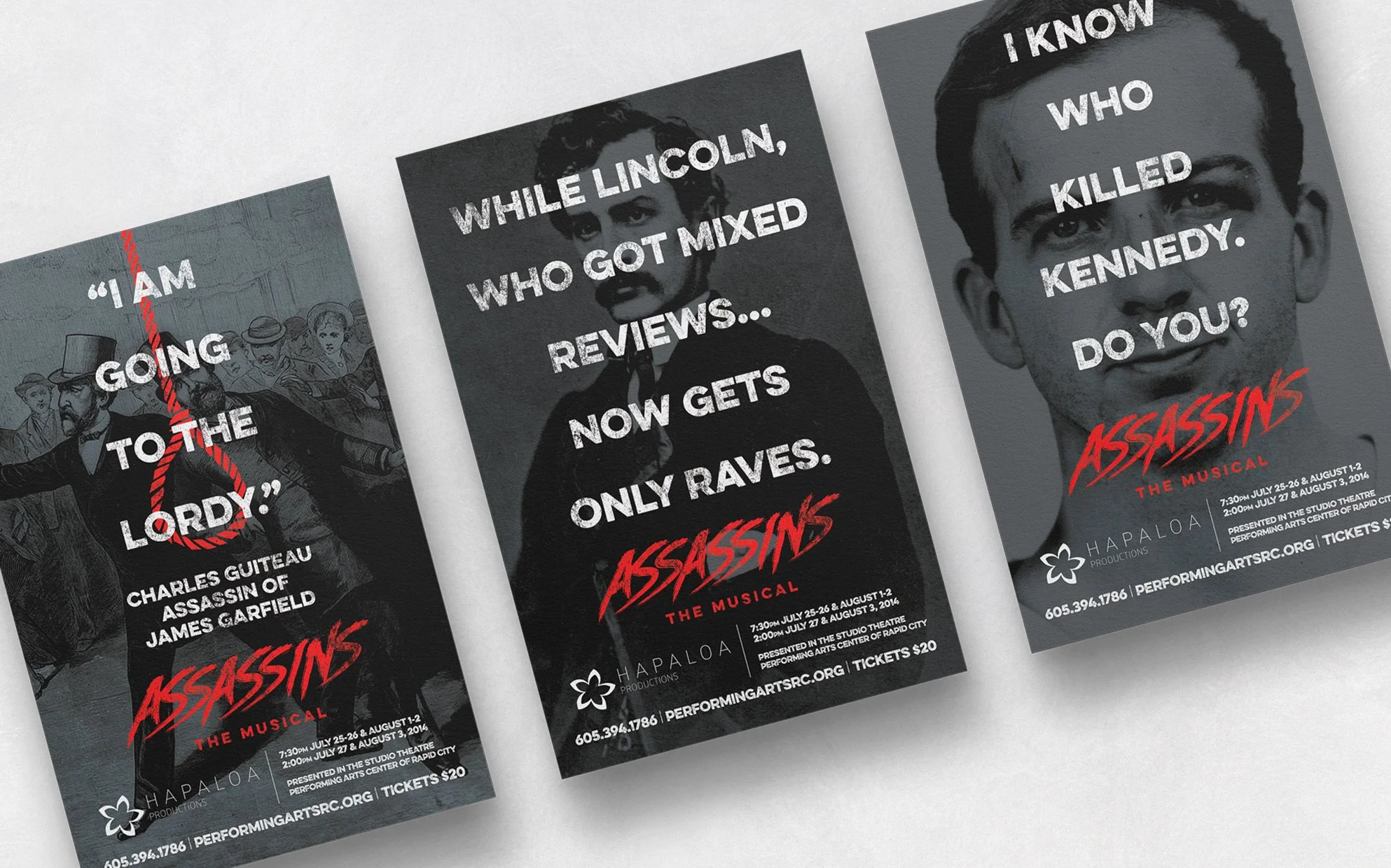 Flyer for the musical 'Assassins,' featuring a black and white image of a young man with glasses, with white and red text providing details about the production, dates, and location.