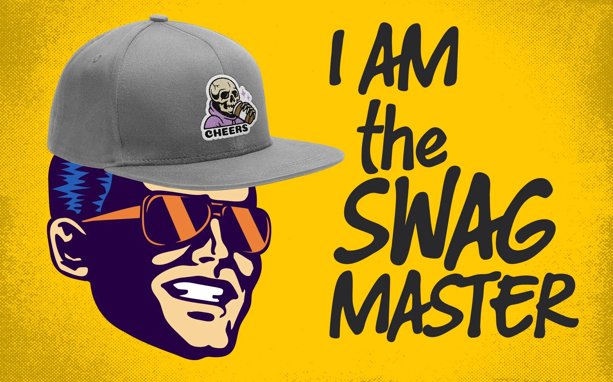 A cartoon illustration of a man with sunglasses and a beard, wearing a purple shirt, against a yellow background, with large black text that reads "I AM THE SWAG MASTER." A gray baseball cap with a skeleton sticker saying "Cheers" is positioned on the head of the illustration.
