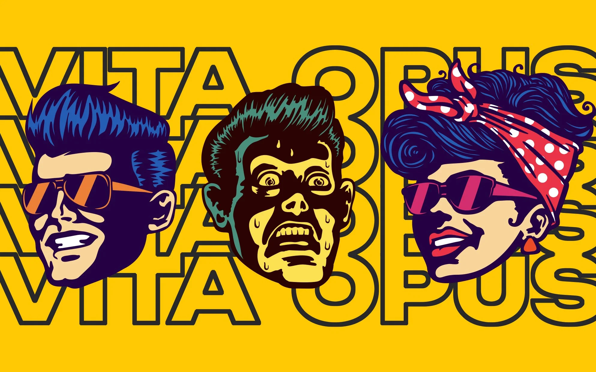 Pop art style illustration of three distressed women with different hairstyles, wearing sunglasses and hair accessories, against a yellow background with black outlined text.