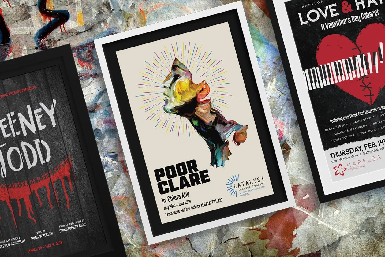 Three colorful theater posters on a splattered paint background. The center poster promotes 'Poor Clare' by Chiara Atik at Catalyst Theater Company. The left poster is for 'MONEY' by Hugh Wheeler, and the right poster is for 'Love & Hate' with a broken heart graphic, scheduled for Valentine's Day cabaret.