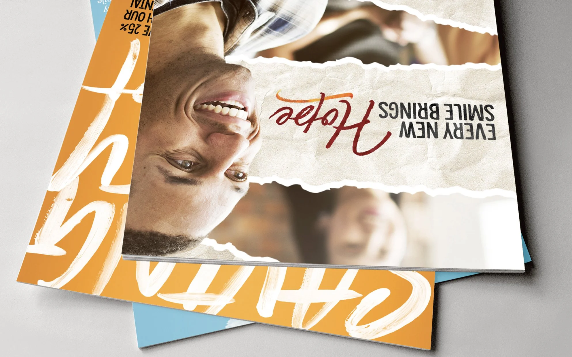Multiple flyers featuring a smiling man with light skin tone and short hair. The flyer has an orange and white color scheme with torn paper design elements. The text includes phrases like "EVERY NEW HYPE BRINGS SIMPLE BRINGS."