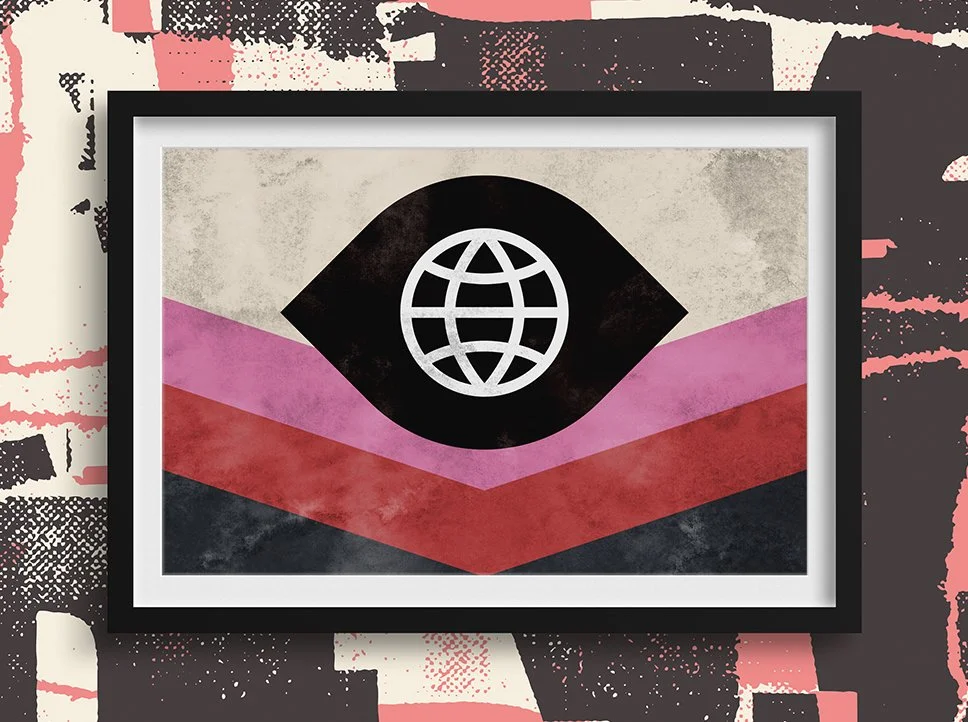 Image of an abstract design involving an eye with a globe as the pupil