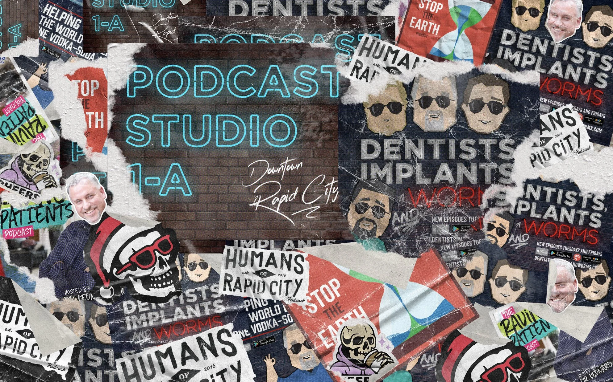 Collage of various posters and stickers promoting a podcast studio, featuring neon signs, cartoon faces, skull illustrations, and text about dentists, humans, and rapid city, layered with torn paper effects.