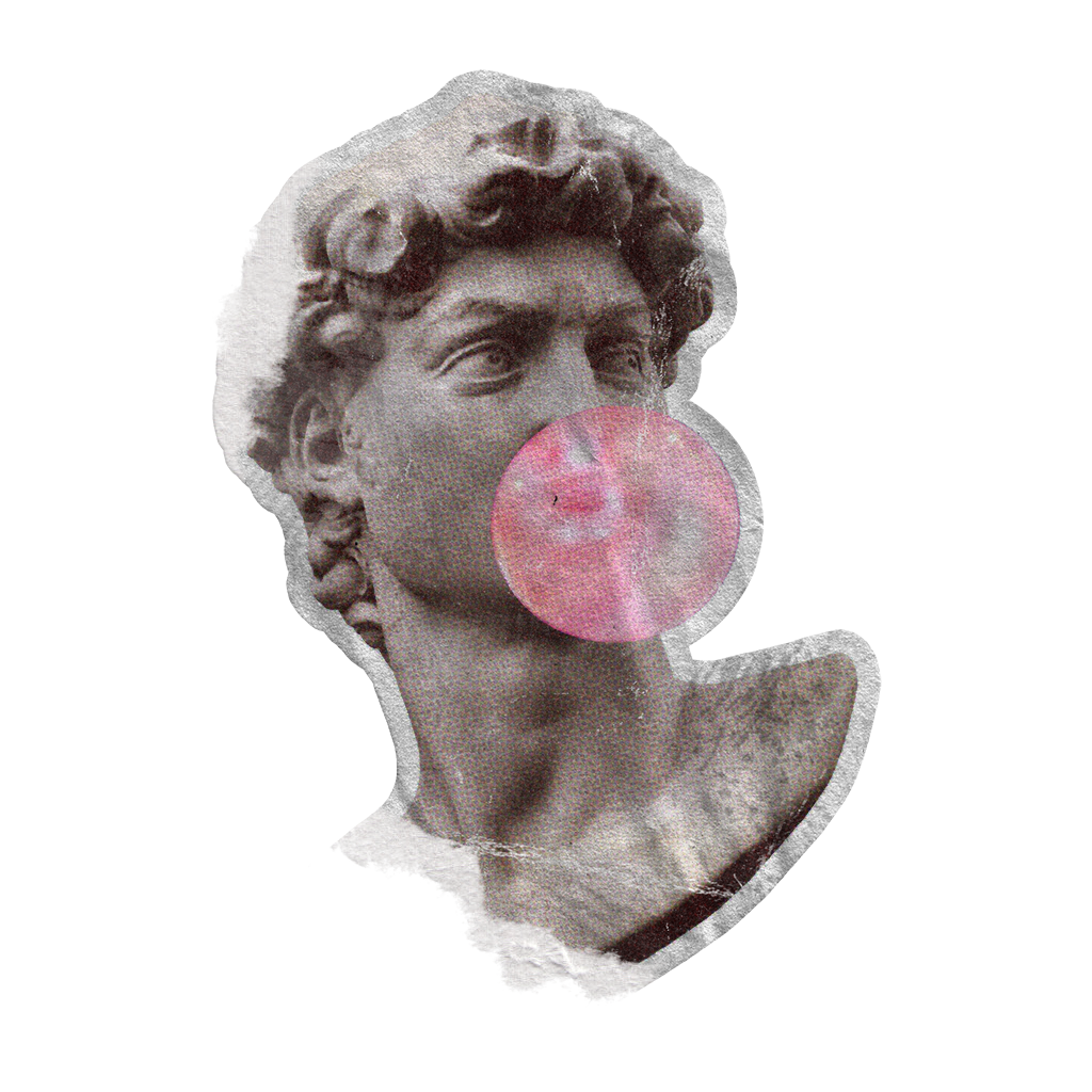 Black-and-white sculpture of a woman with curly hair blowing a pink bubble gum bubble.
