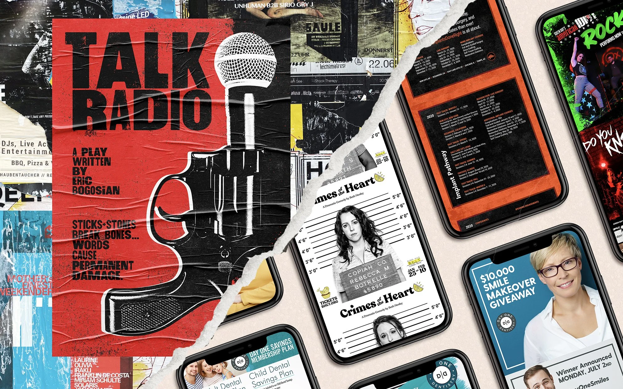 A collage of various posters and digital advertisements displayed on smartphones. The visible posters include a red and black poster titled 'TALK RADIO' by Eric Bogosian, a green and black poster for a rock concert, a promotion for a $10,000 smile makeover giveaway, and other event and promotional posters. Some are torn, revealing multiple overlapping layers.