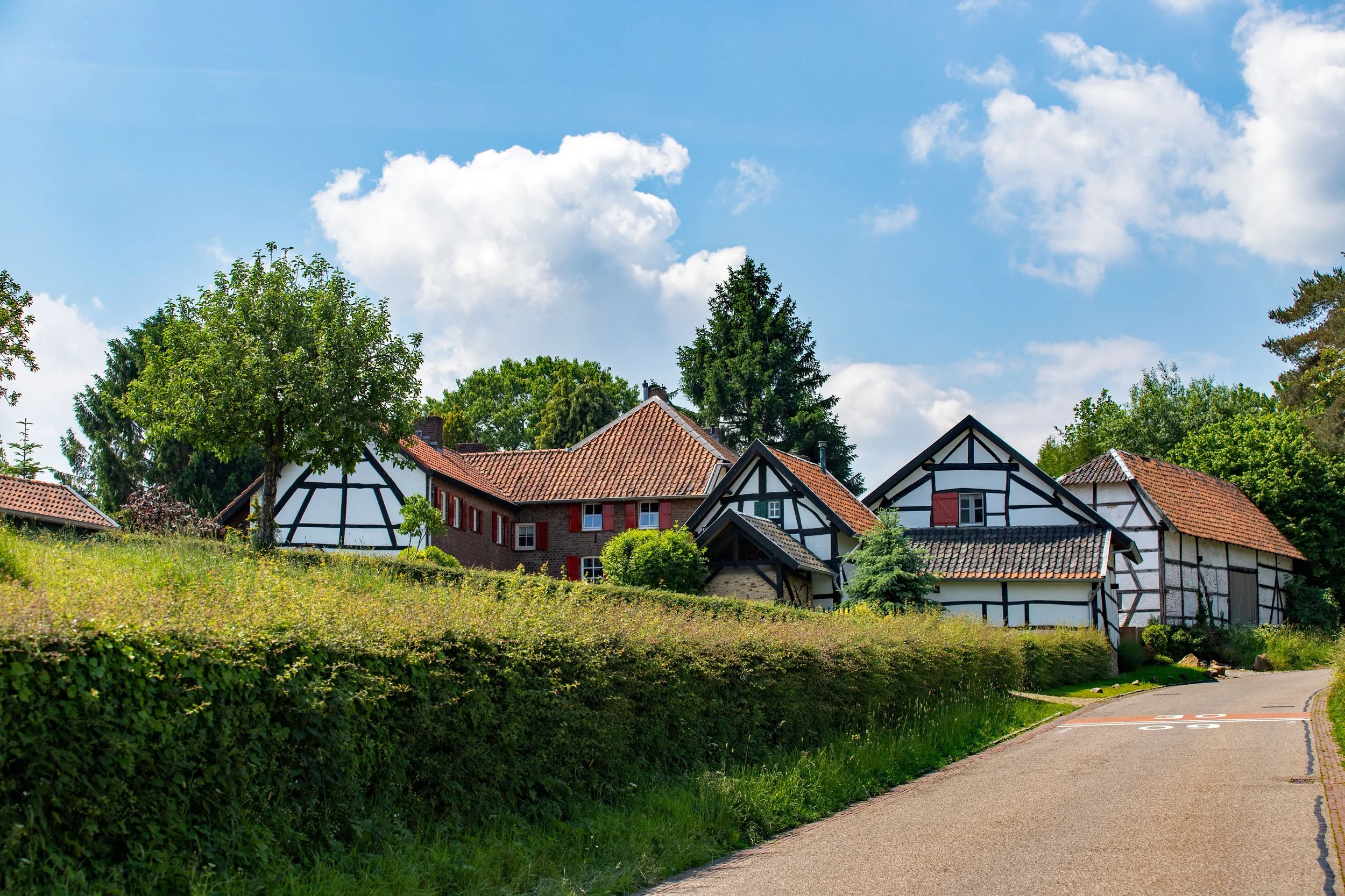 Woning met traditionele zwarte en witte gevels en rode daken, omgeven door groene bomen en een grasveld, onder een blauwe lucht met witte wolken.