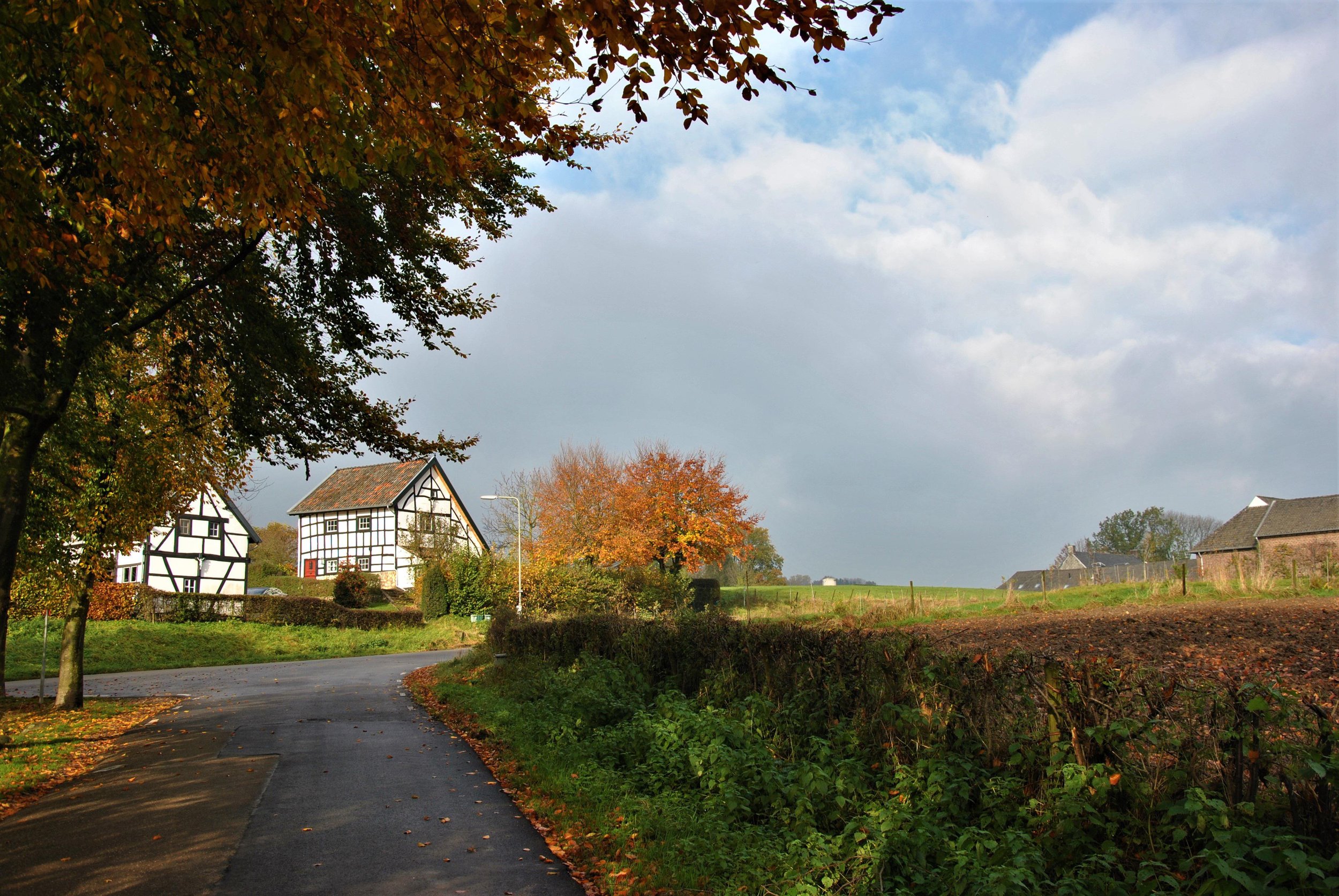 Een landelijk dorp met traditionele witte huizen met zwarte houten lijstwerk, omlijst door bomen met herfstkleuren, onder een bewolkte blauwe lucht.