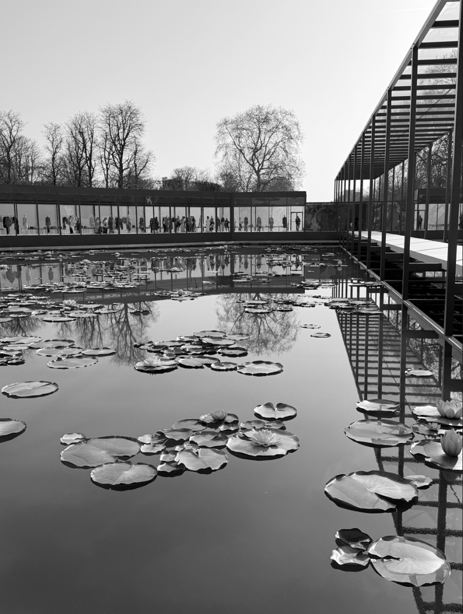 A modern architectural structure with a rectangular pond filled with water lilies, surrounded by glass walls and a metal lattice overhang, with leafless trees in the background, reflected in the water in black and white.