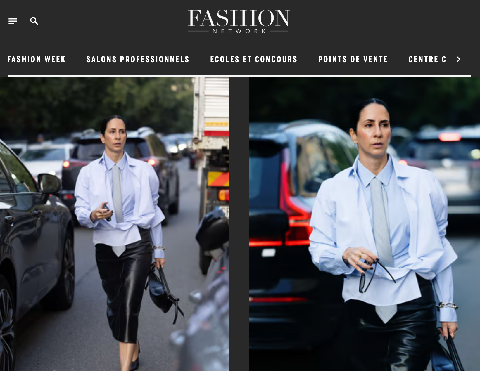 Side-by-side images of a woman with dark hair walking in a traffic jam, holding glasses in her right hand, dressed in a white shirt and black leather skirt, surrounded by cars on a street with trees in the background.