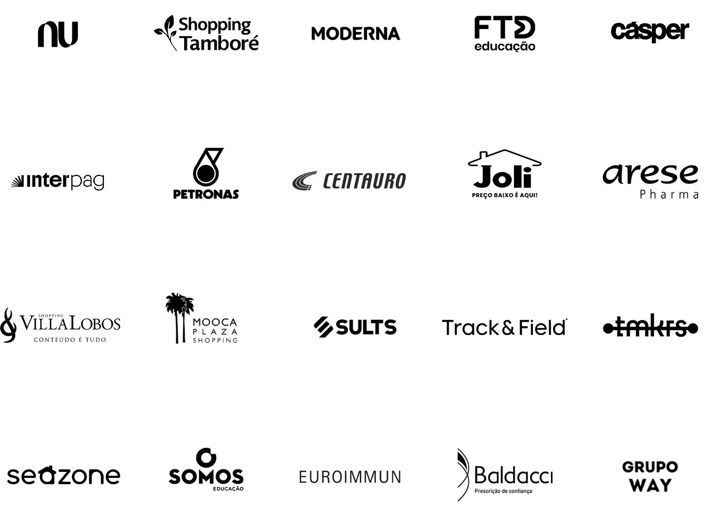 Collection of various logos arranged in a grid, including NU, Shopping Tamboré, Moderna, FTD educação, Casper, Interpag, Petronas, Centauro, Joli, Arese Pharma, Villa Lobos, Mooca Plaza Shopping, Sults, Track & Field, etmks, SeaZone, Somos Educação, Euroimmún, Baldacci, Grupo Way.