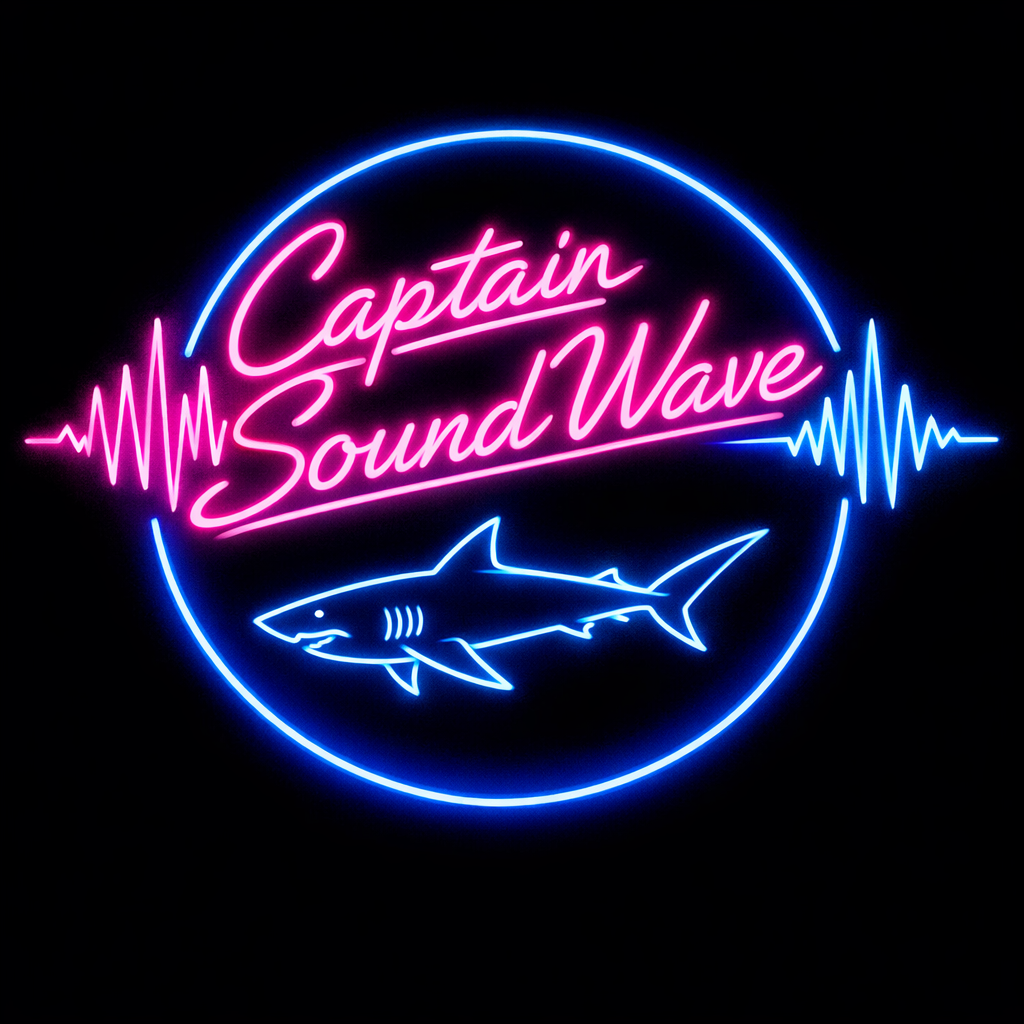 A circular neon sign with a blue border.  Inside, the text 'Captain SoundWave' glows in pink, accompanied by a blue shark.