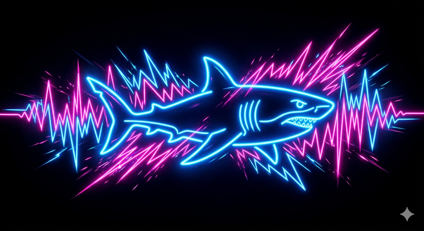 The Captain SoundWave brand logo, featuring a stylized aggressive shark swimming through synchronized neon blue and neon pink audio soundwaves