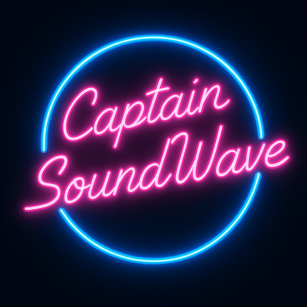 Neon sign with pink and blue lights reading "Captain Sound Wave" against a black background.