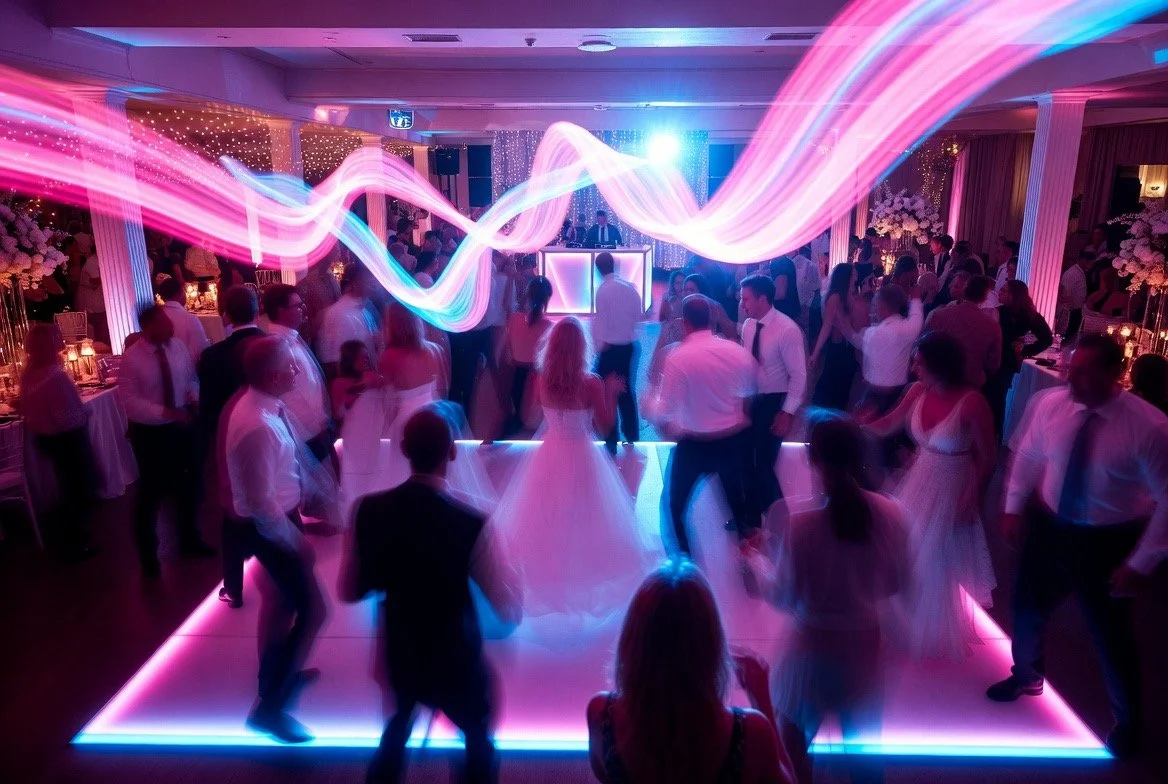 Energetic crowd of wedding guests celebrating on the dance floor, with the illuminated DJ setup in the far background.