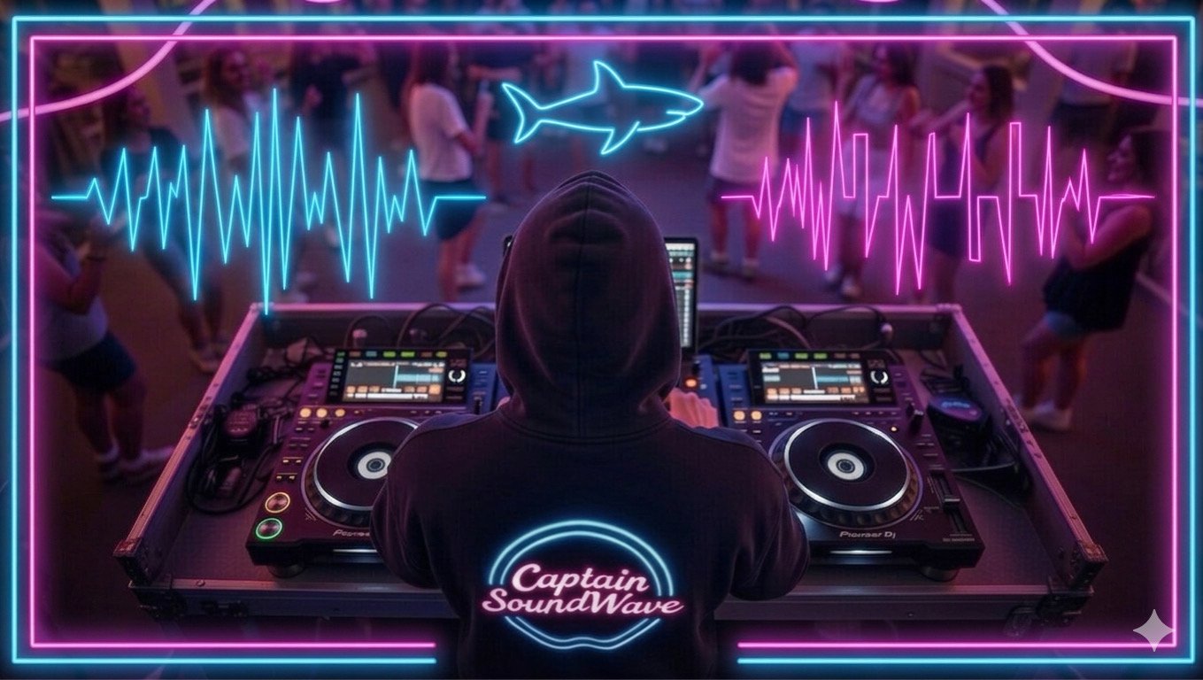 Behind-the-scenes view of DJ at the decks, wearing a hoodie featuring the neon pink and blue shark logo, looking out over a crowded dance floor.