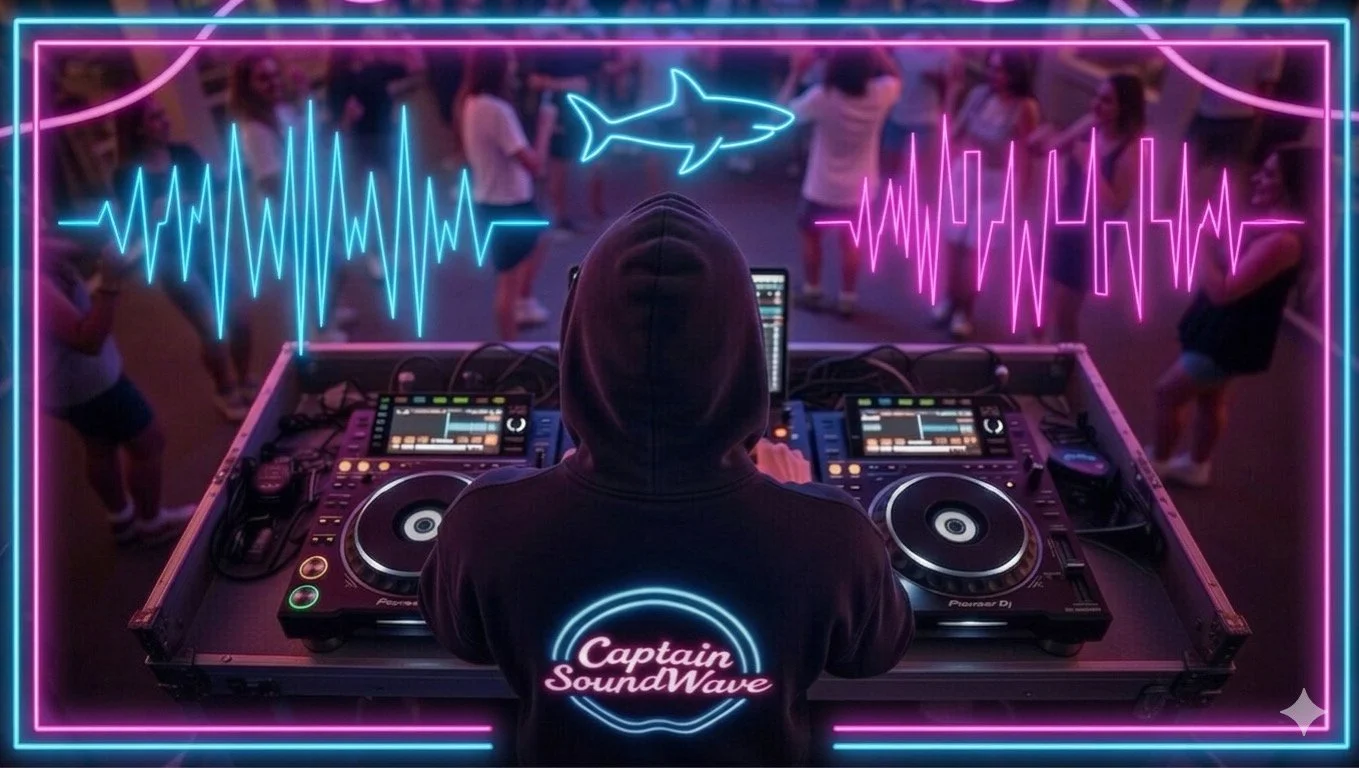 Behind-the-decks view, DJing an event in branded logo hoodie, looking out over a packed dance floor of people dancing.