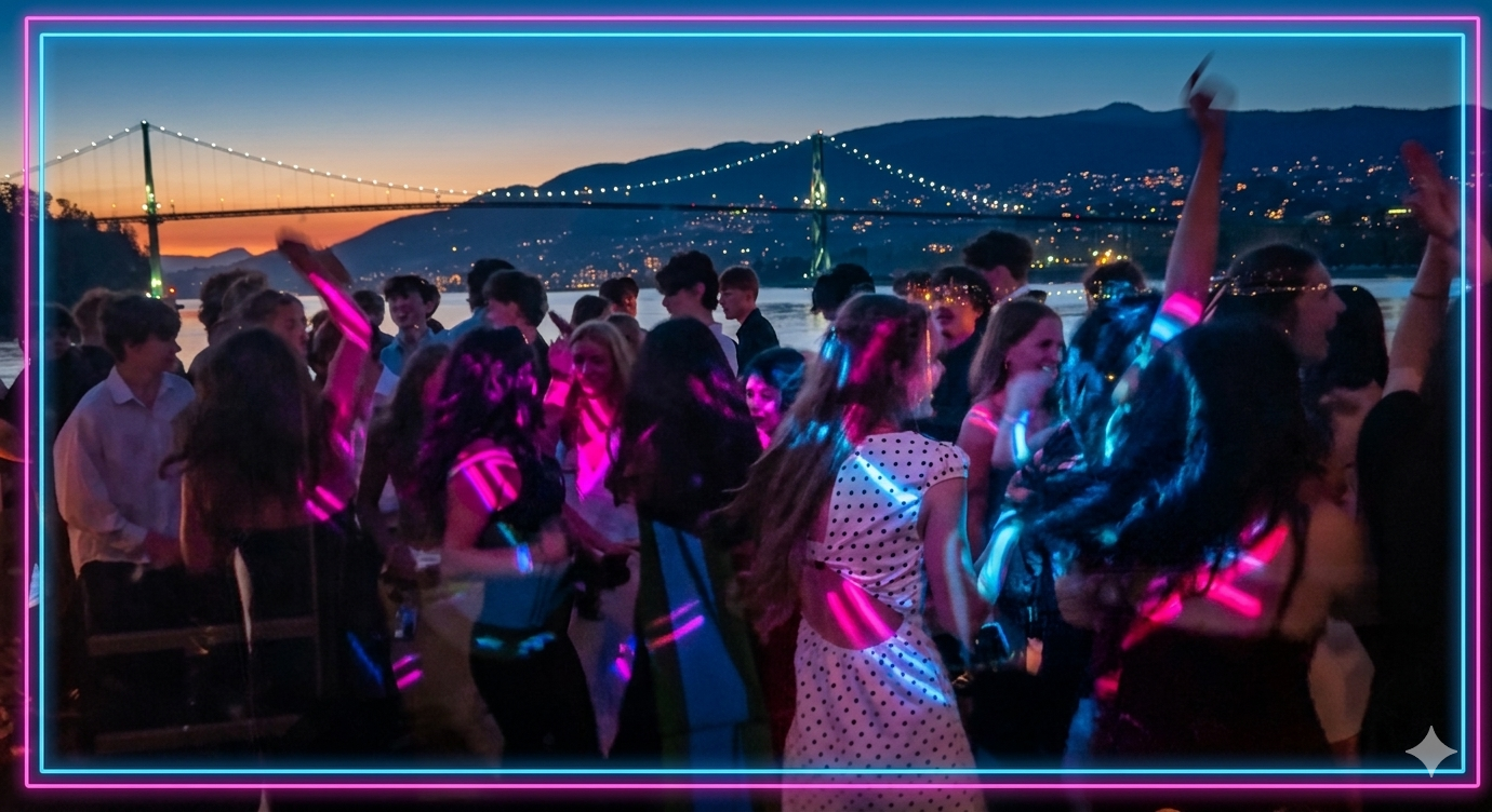 A high-energy dance floor on a boat cruise near North Vancouver and the Lions Gate Bridge