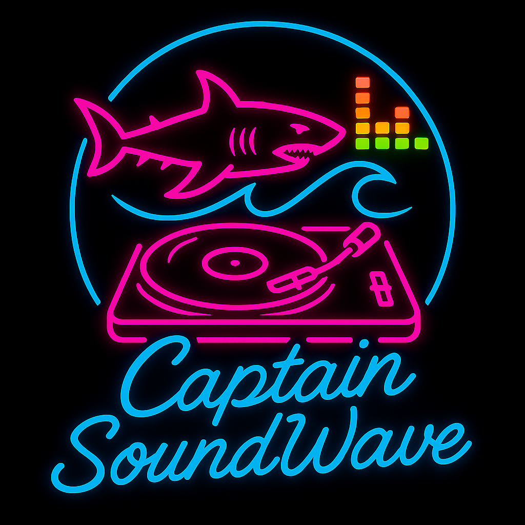 Neon sign depicting a shark, a record player, and an audio equalizer with the text "Captain SoundWave".