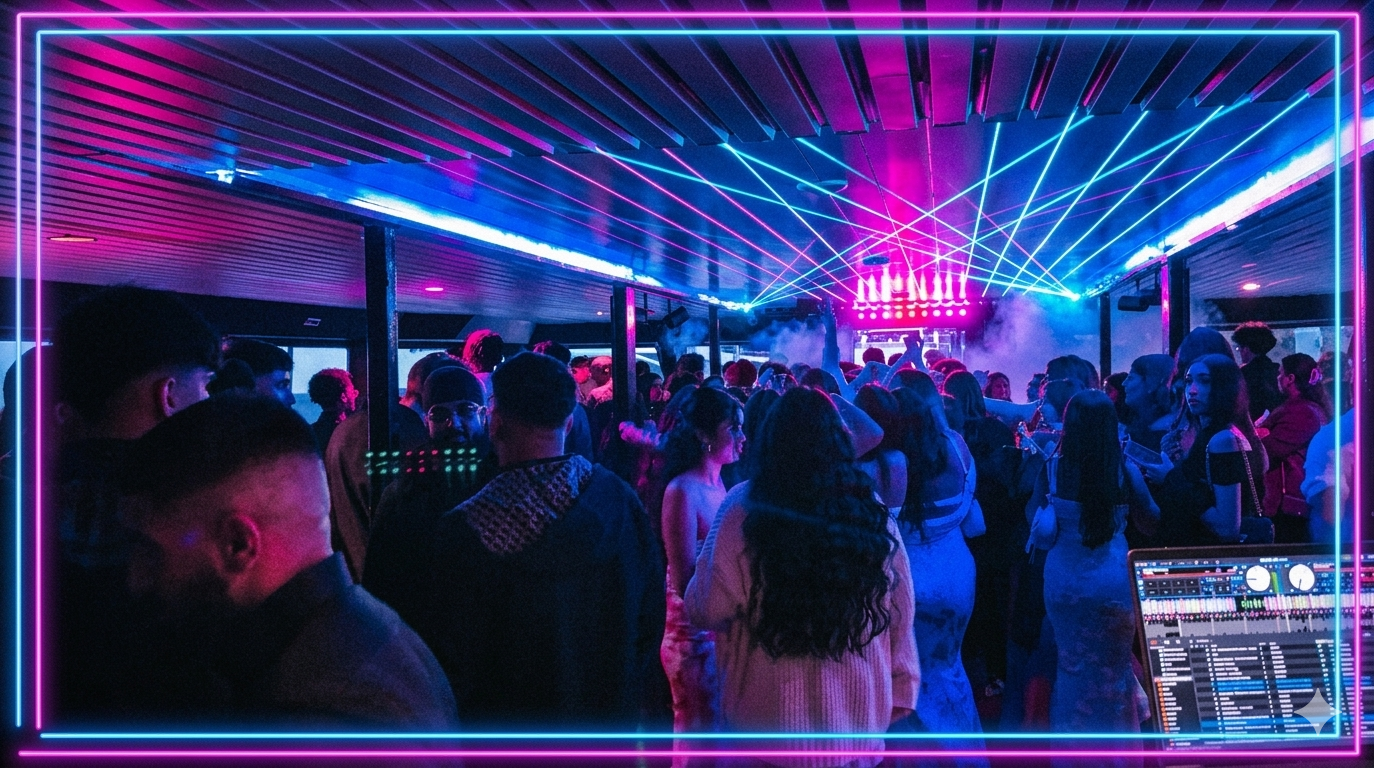 A packed dance floor of graduates dancing under neon lights, featuring premium event production in Vancouver.