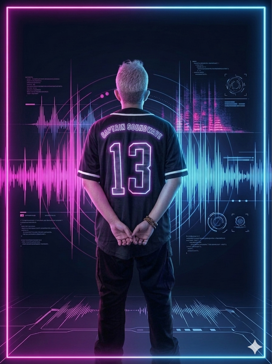 Captain SoundWave with back to the viewer on a futuristic platform.  Captain SoundWave is wearing a jersey featuring the number '13' and the name 'Captain SoundWave'.  The Jersey is illuminated with vibrant neon blue and pink sound waves.