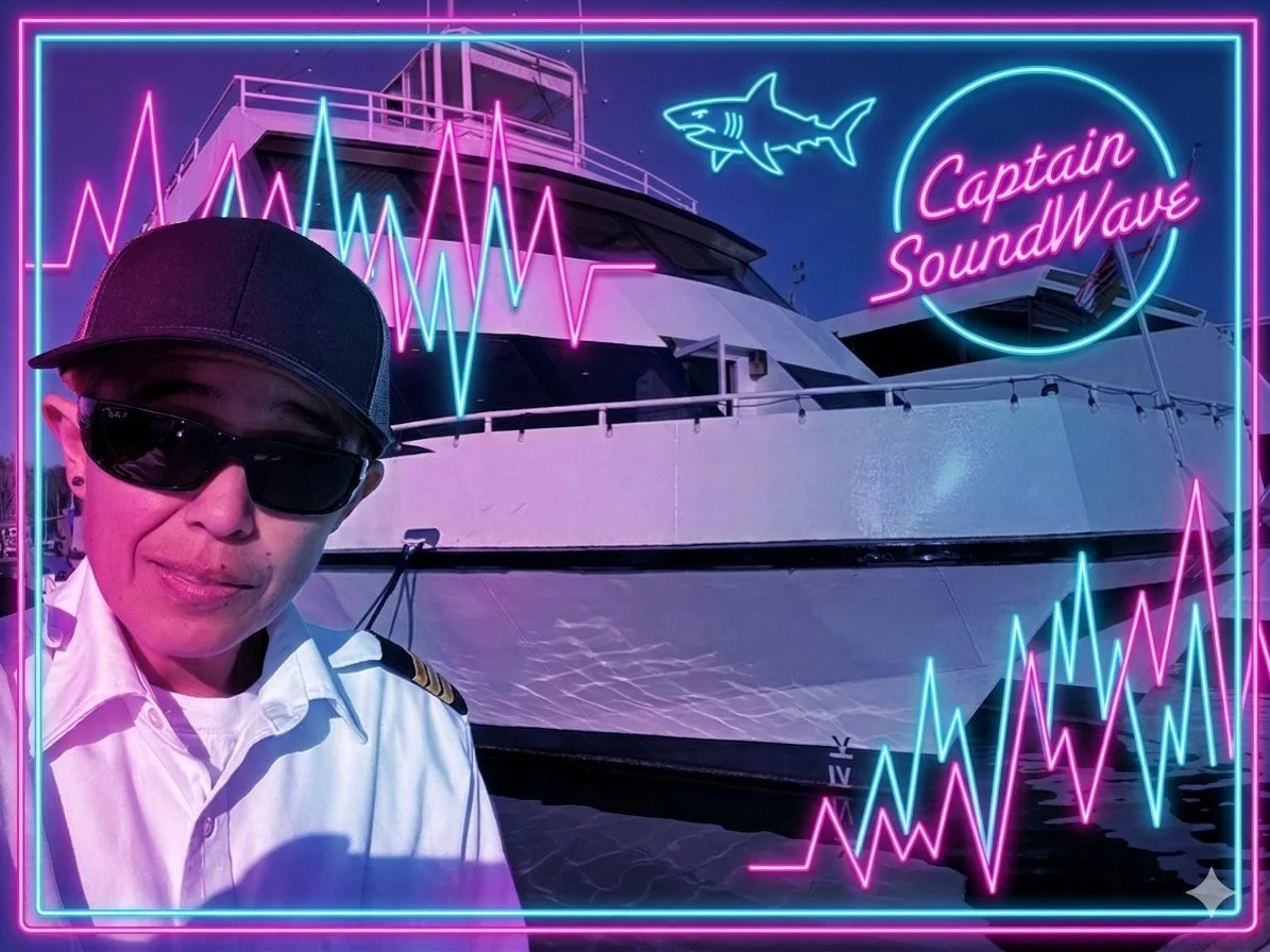 A selfie of the operator behind Captain SoundWave wearing a captain's uniform, standing in front of a boat before taking the helm.