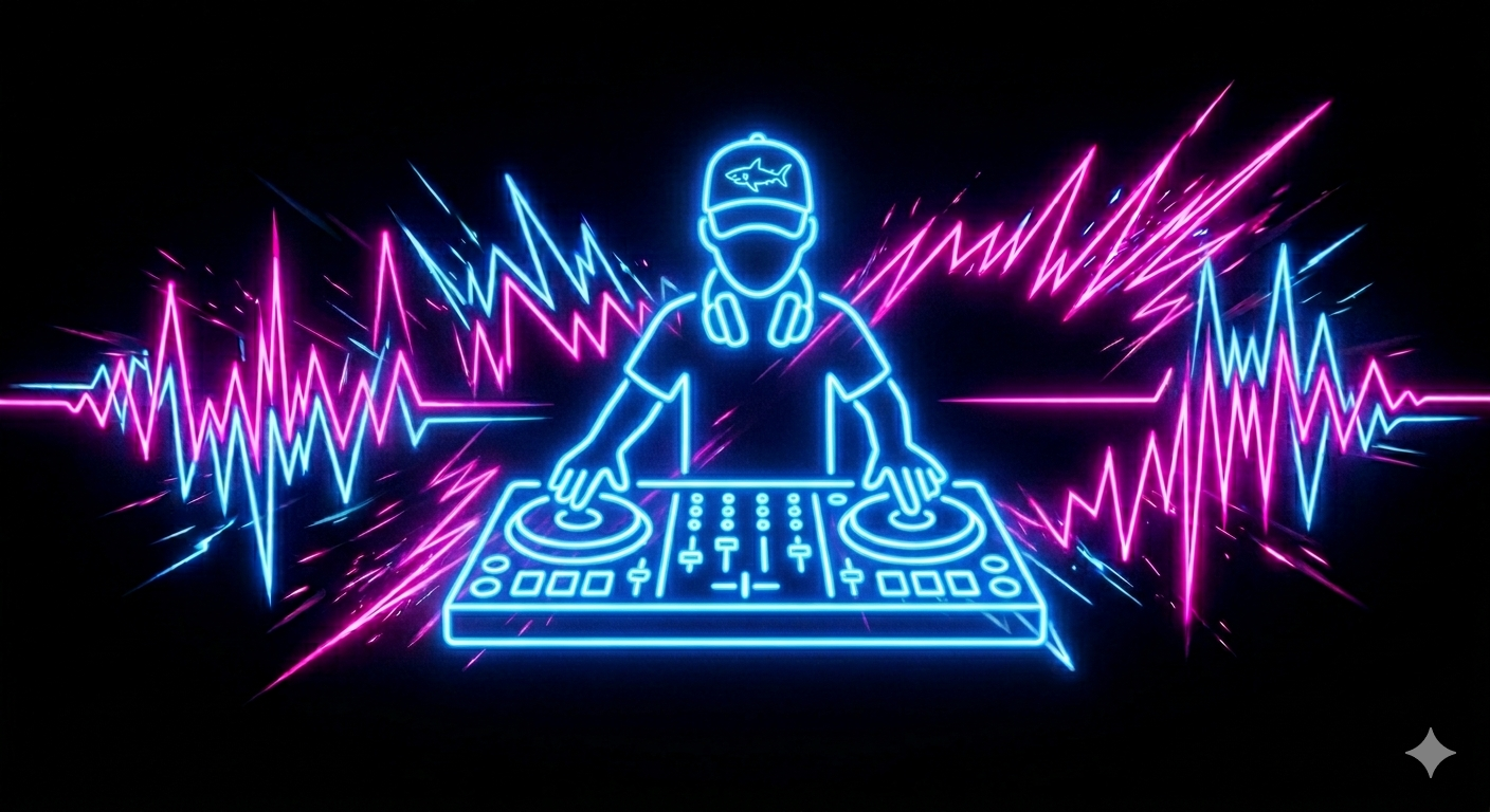 Futuristic neon blue Captain SoundWave character behind a matching neon blue DJ deck setup, with glowing neon pink and blue soundwaves pulsing in the background.