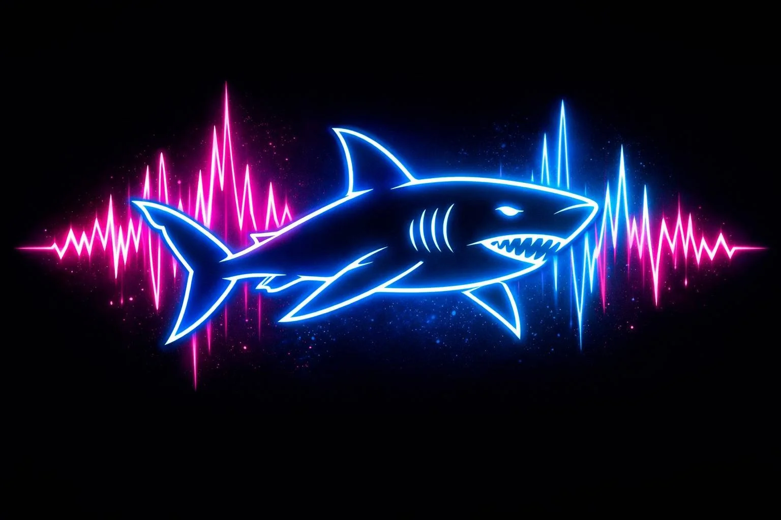 Captain SoundWave brand logo featuring an edgy neon blue shark layered over glowing pink and blue soundwaves