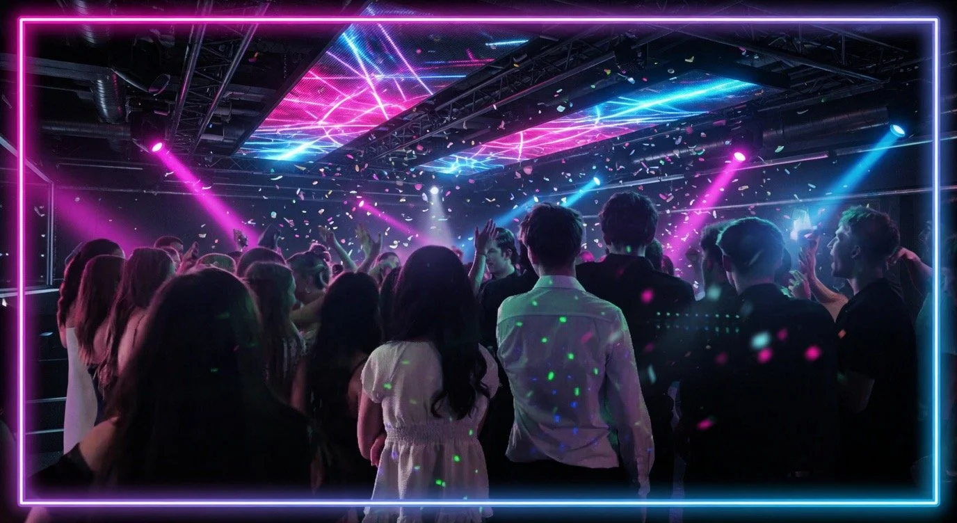 Packed graduation celebration dance floor filled with students dancing under vibrant neon pink and neon blue event lighting.