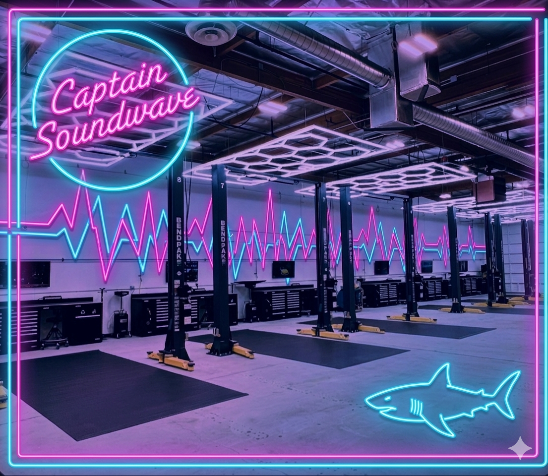 An autobody shop with multiple work station bays, neon signs reading 'Captain Soundwave,' and colorful neon lightning and shark graphics on the wall.