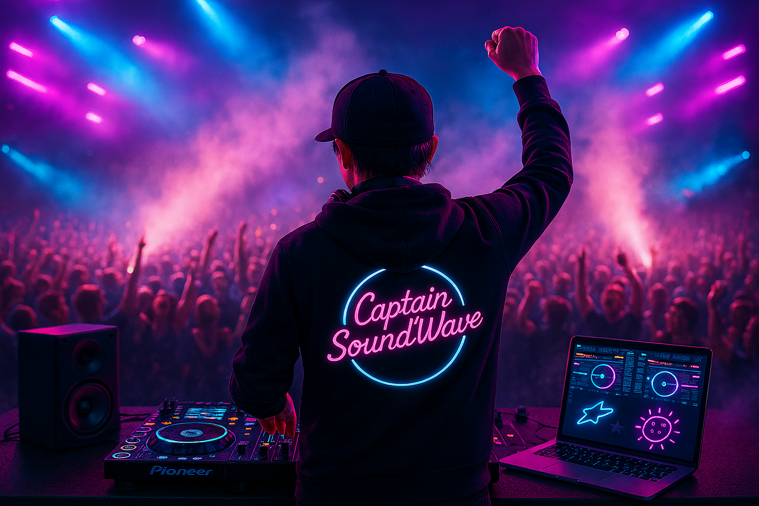 An AI-generated conceptual digital illustration of DJ Captain SoundWave from behind the decks, showcasing the branded black hoodie facing a massive concert crowd under vibrant neon pink and neon blue stage lights.