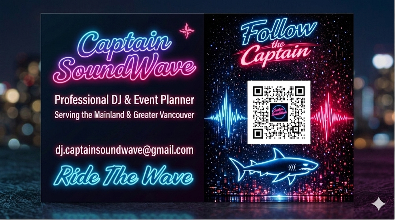 Captain SoundWave professional business card featuring neon blue and pink soundwaves, a custom QR code, and the phrases "Follow the Captain" and "Ride the Wave" in vibrant neon blue text.