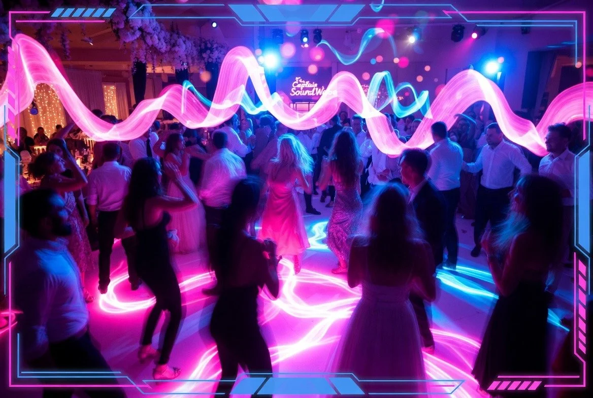 Packed wedding celebration dance floor with guests dancing, featuring the glowing neon pink and blue Captain SoundWave DJ booth and sign in the background.