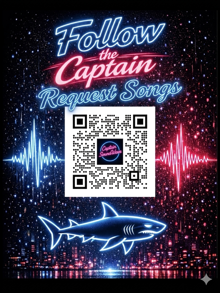 A neon-themed billboard with "Follow the Captain" and "Request Songs" text in neon blue and pink.  It features a neon shark, soundwaves, and a central QR code, all set against a futuristic city skyline and ocean background.