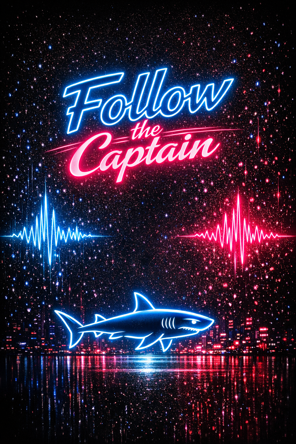 A Captain SoundWave digital billboard featuring "Follow the Captain" text in neon pink and blue, with a neon shark, electronic soundwaves, and Vancouver city skyline reflecting off the ocean.