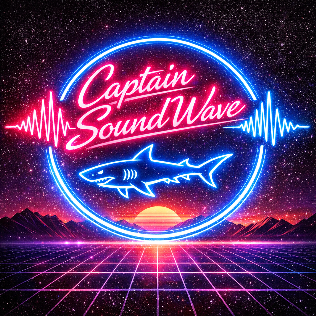 Futuristic neon blue and pink Captain SoundWave logo featuring a neon blue shark against a digital mountain and sunset background.