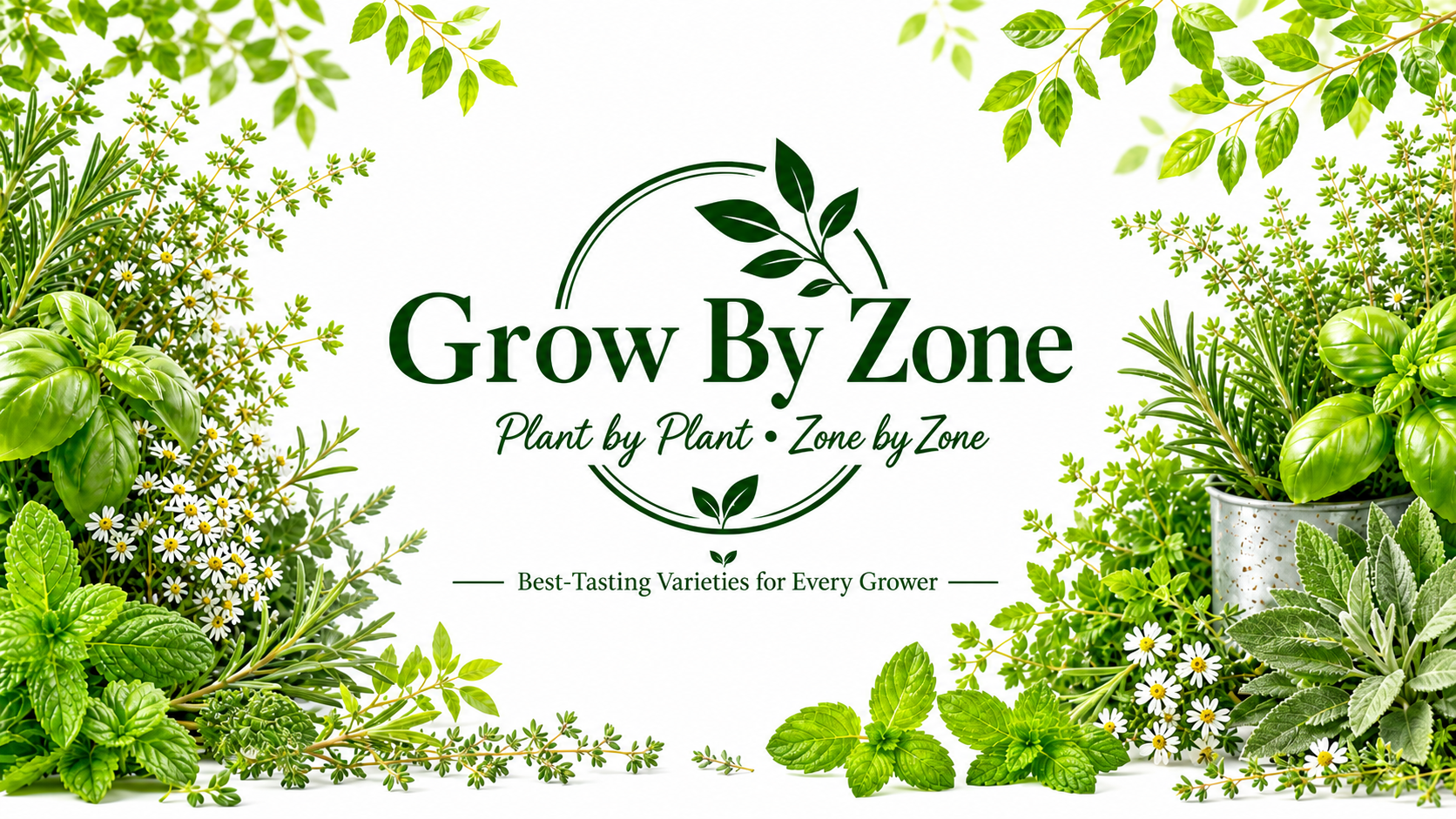 Green plants and herbs around text that reads 'Grow By Zone, Plant by Plant Zone by Zone, Best-Tasting Varieties for Every Grower'.