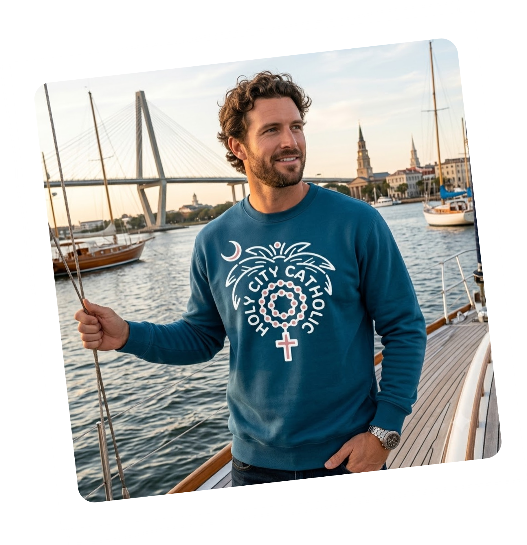 A man with curly brown hair and a beard wearing a blue sweatshirt with a city catch logo standing on a sailboat docked at a marina, holding a rope with water, sailboats, and city buildings in the background during sunset.