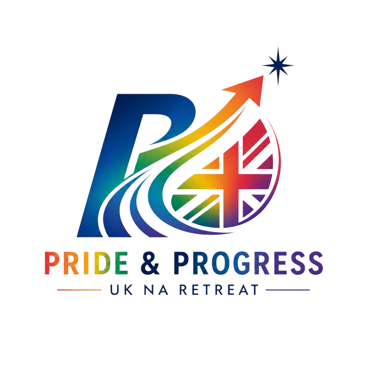 A colorful logo for the Pride & Progress UK NA Retreat featuring a large letter P and a rainbow-colored arrow pointing upward and a starburst, and the text "PRIDE & PROGRESS UK NA RETREAT" in rainbow colors.