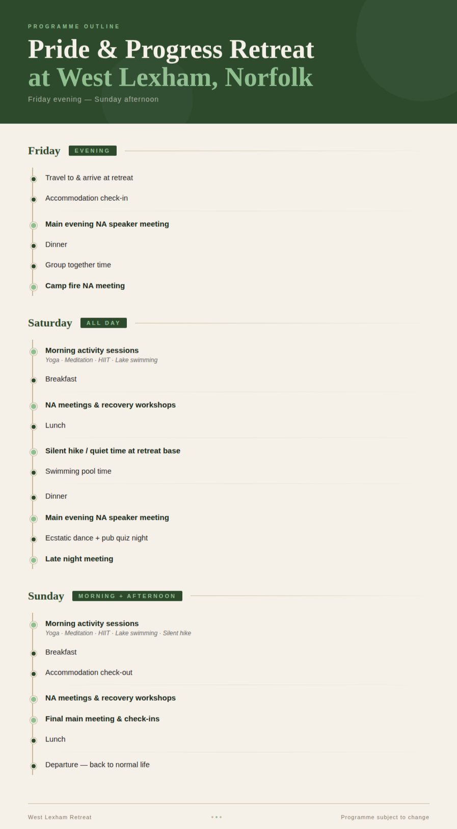 Schedule outline for Pride & Progress Retreat at West Lexham, Norfolk, from Friday evening to Sunday, listing activities such as meetings, meals, outdoor activities, and free time.