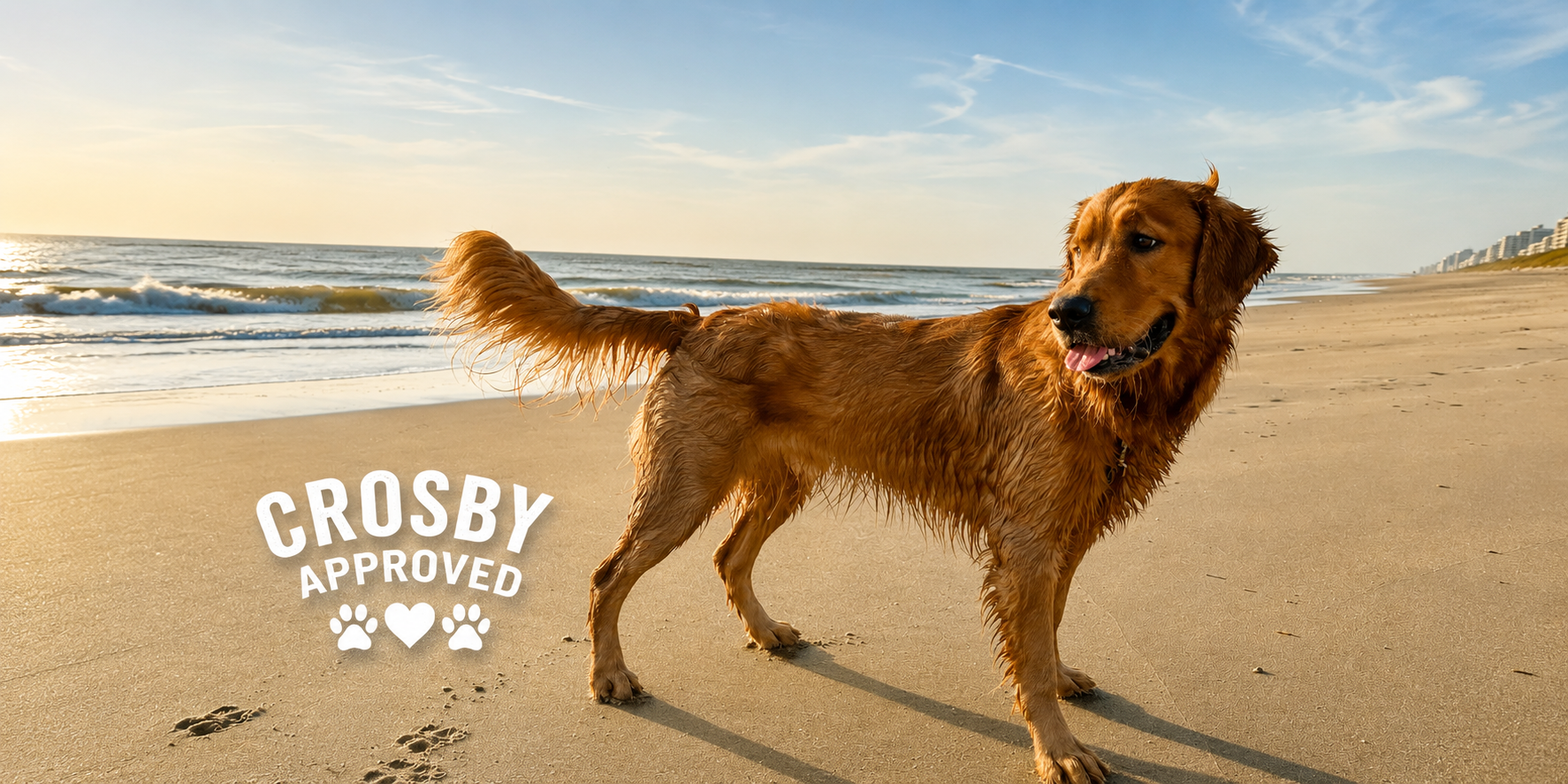 Golden retriever dog standing on sandy beach near ocean waves during sunset with Crosby Approved logo and paw prints