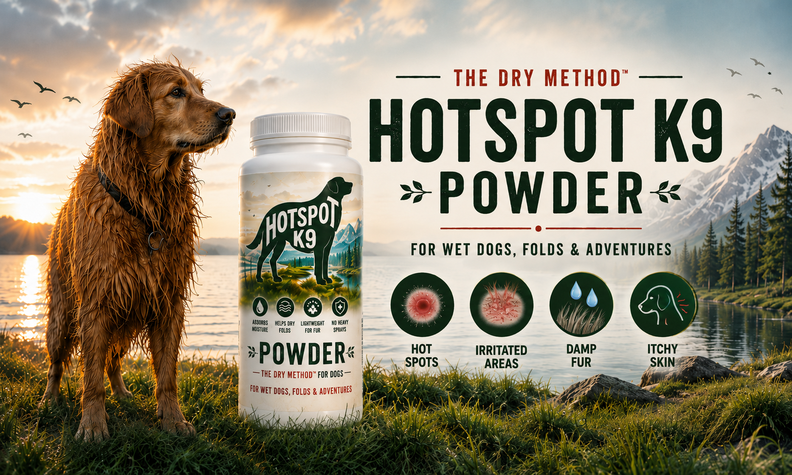 A landscape scene with mountains, trees, a lake, and a sunset sky. A wet golden retriever dog stands on grass next to a bottle of Hotspot K9 Powder, with promotional text and icons highlighting its benefits, including addressing hot spots, irritated areas, damp fur, and itchy skin.
