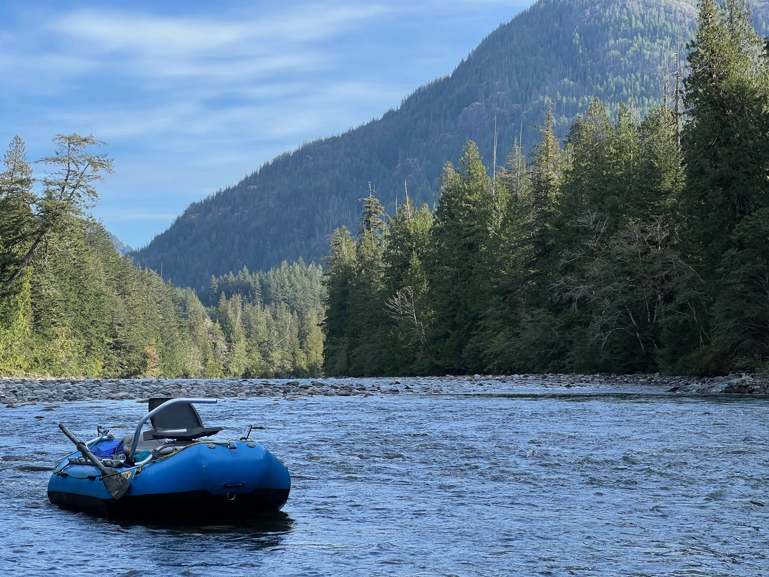 A blue inflatable raft with paddles on the water in a mountainous river valley, surrounded by dense evergreen trees and a mountain covered in trees against a blue sky.