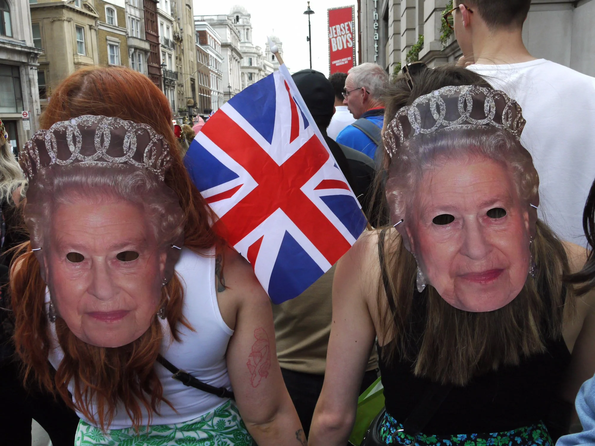 Bob Watkins P1210819   Queen Elizabeth 2  Platignum jubilee  May 2022 Trafalgar Square flypast  Masks in Whitehall     .jpg