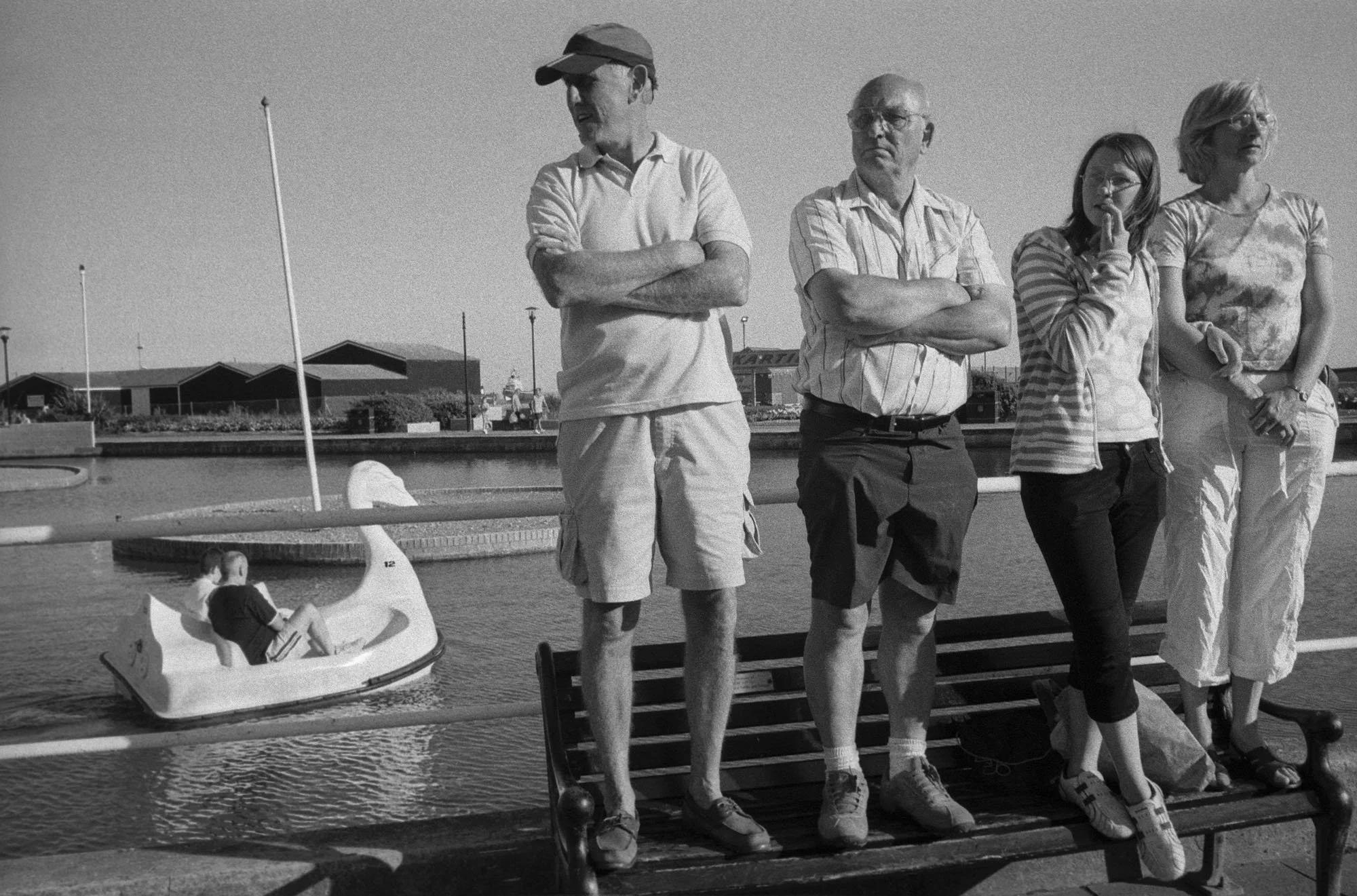 Bob Watkins Hastings Carnival Sussex Swan Boat and family standing on bench  August 2007 Neg 40 40 16.jpg