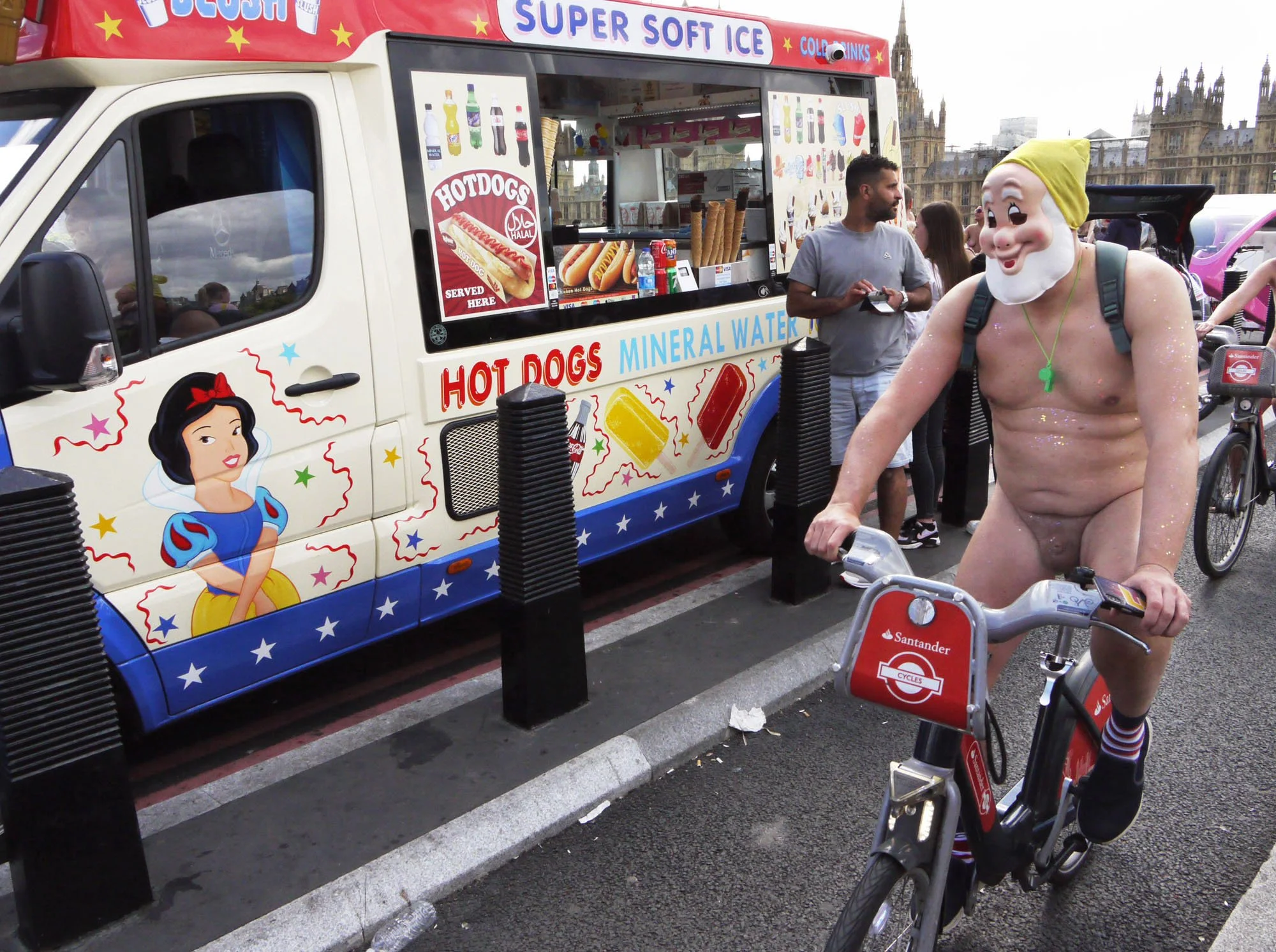 Bob Watkins Westminster Chimes  June 2022  naked bike ride  Snow White meets Happy P1210912  .jpg