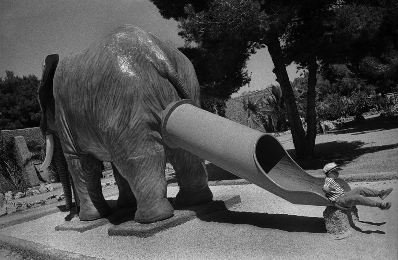 A playful sculpture of an elephant with a child sliding down its trunk at a park, with trees and bushes in the background.