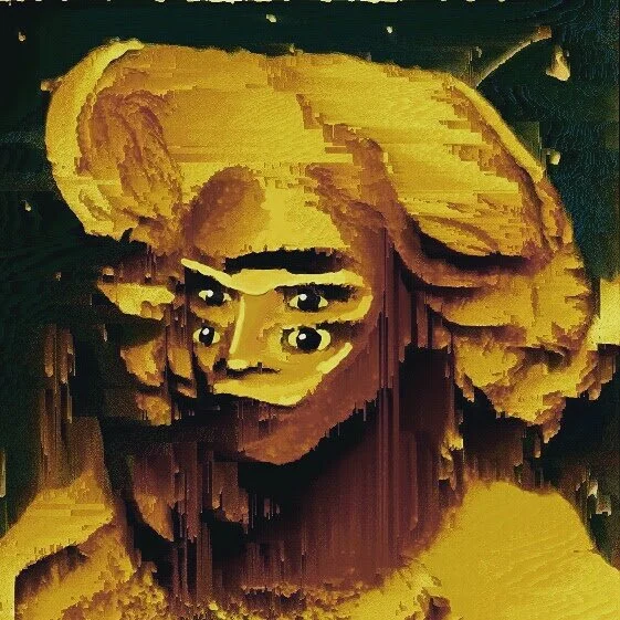 Digital glitch art portrait of a woman with a yellow hat, showing distortion and pixelation effects.