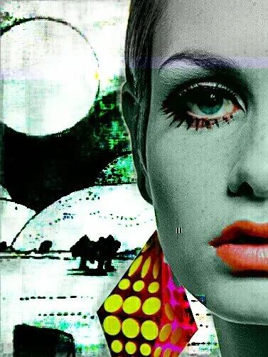 Close-up of a woman's face with makeup, wearing colorful clothing, with abstract green and white background.