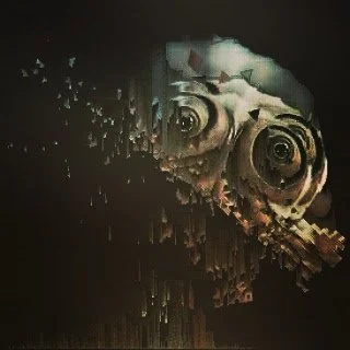 Abstract image with distorted eyes and face, featuring pixelated and glitch effects.